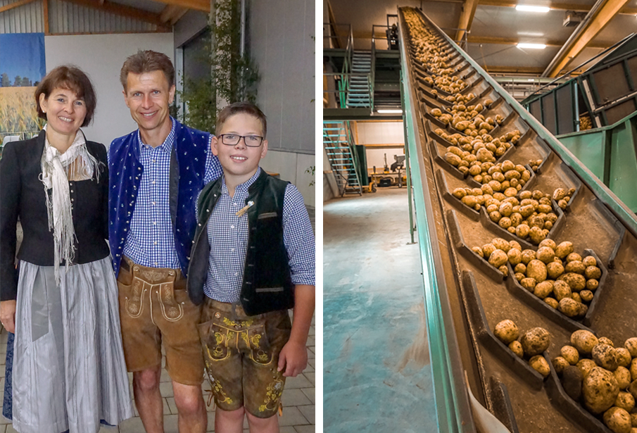 Links: Gruppenbild Familie Hatzl, Rechts: Kartoffeln auf Lieferband
